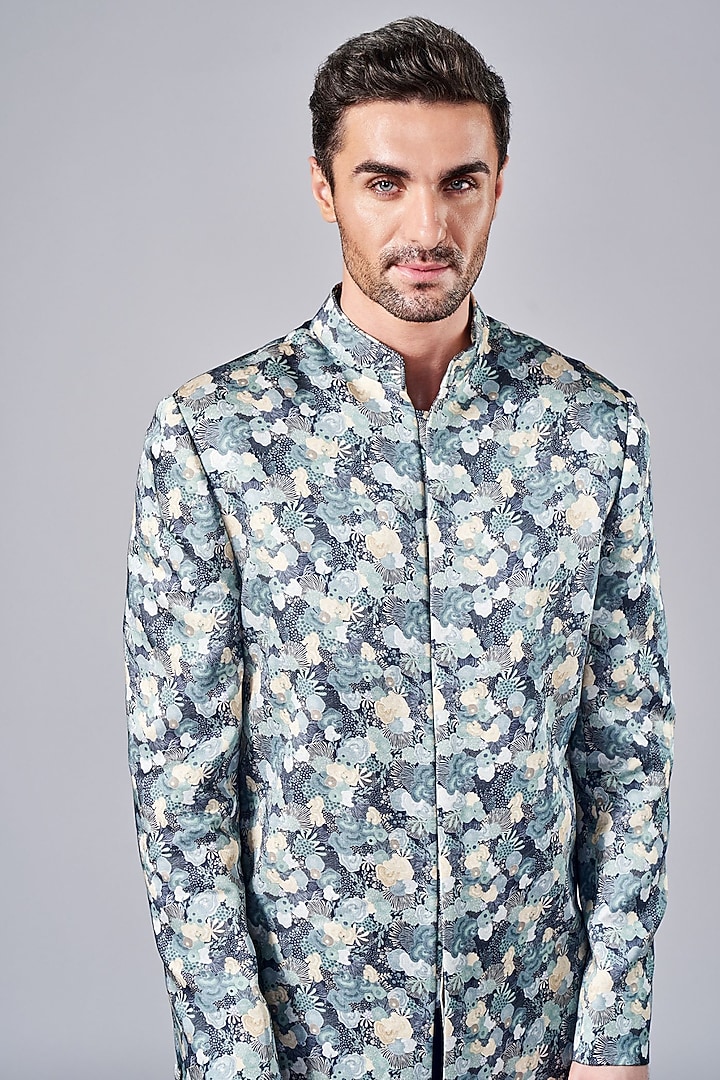 Navy Blue Silk Printed Wedding Sherwani Set by Arjuun Kilachand at Pernia's Pop Up Shop
