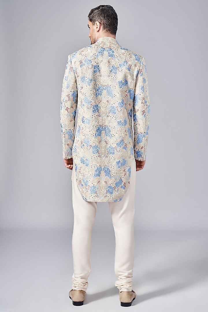 Ivory & Frozen Blue Silk Thread Embroidered Groom Sherwani Set by Arjuun Kilachand at Pernia's Pop Up Shop