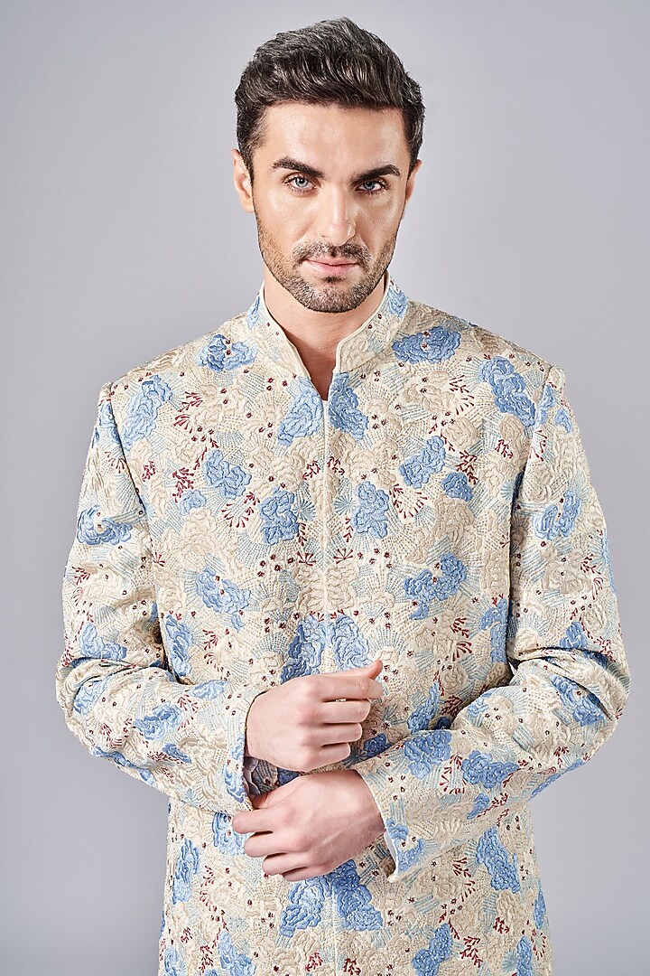 Ivory & Frozen Blue Silk Thread Embroidered Groom Sherwani Set by Arjuun Kilachand at Pernia's Pop Up Shop