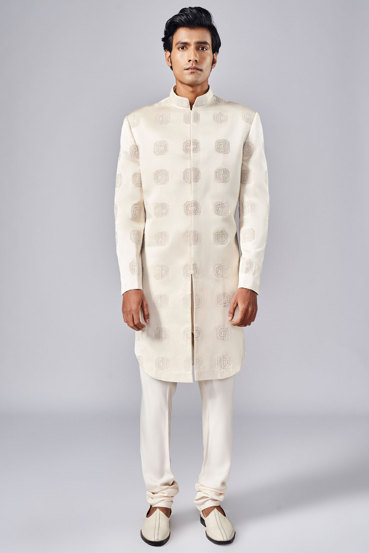 Ivory Silk Cutdana Embroidered Sherwani Set by Arjuun Kilachand