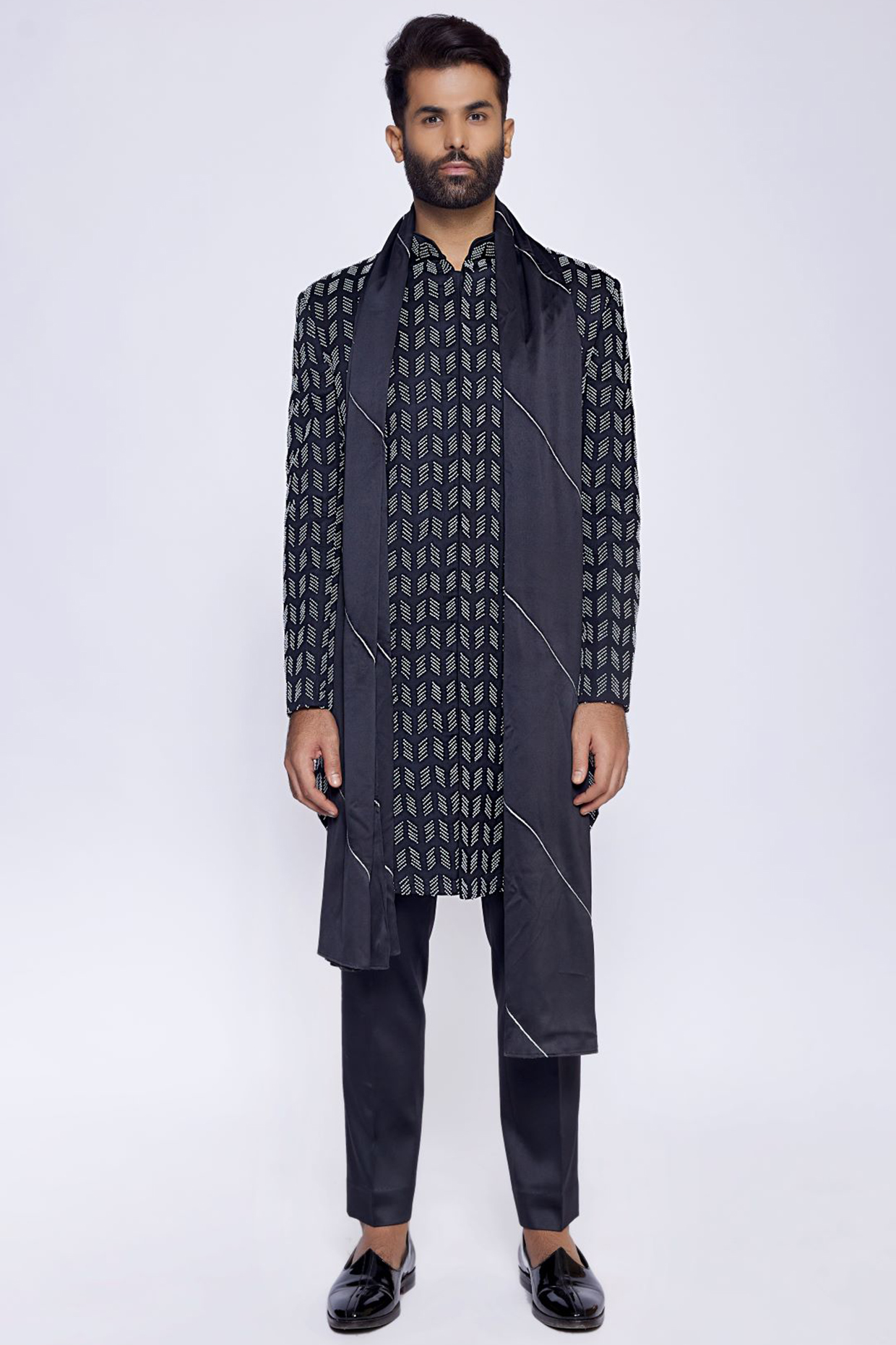 Black Silk Cutdana Embroidered Sherwani Set by Arjuun Kilachand