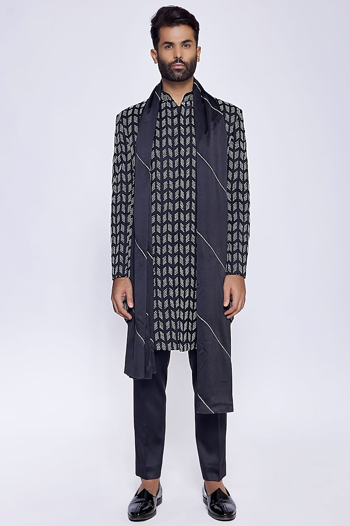 Black Silk Cutdana Embroidered Sherwani Set by Arjuun Kilachand