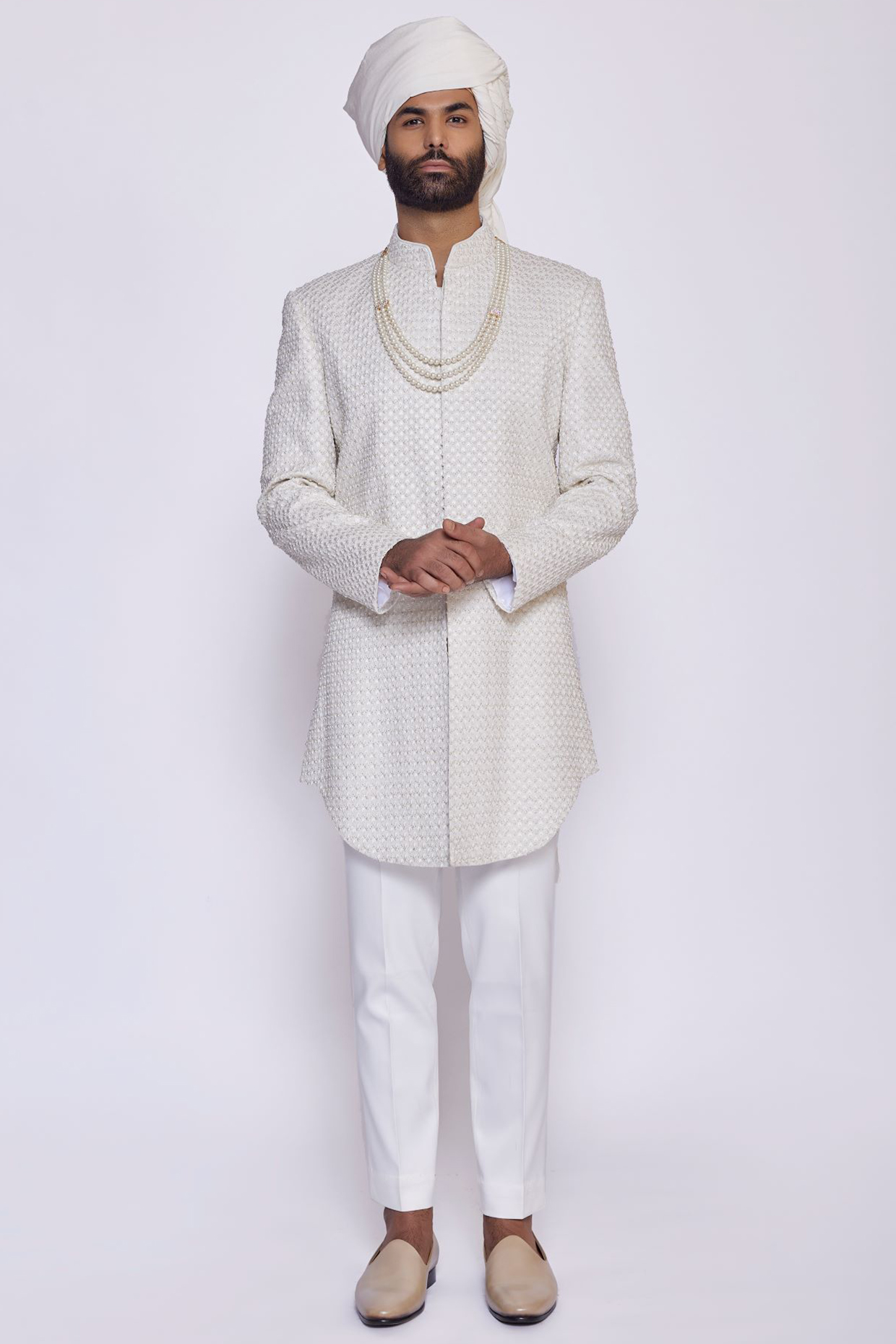 Ivory Georgette Cutdana Embroidered Sherwani Set by Arjuun Kilachand