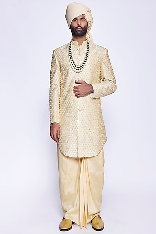 Champagne Silk Cutdana Embroidered Sherwani Set by Arjuun Kilachand