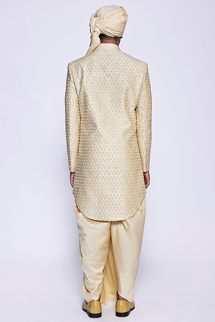 Champagne Silk Cutdana Embroidered Groom Sherwani Set by Arjuun Kilachand at Pernia's Pop Up Shop