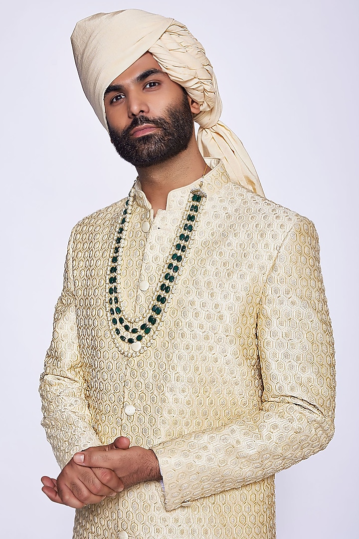 Champagne Silk Cutdana Embroidered Groom Sherwani Set by Arjuun Kilachand at Pernia's Pop Up Shop