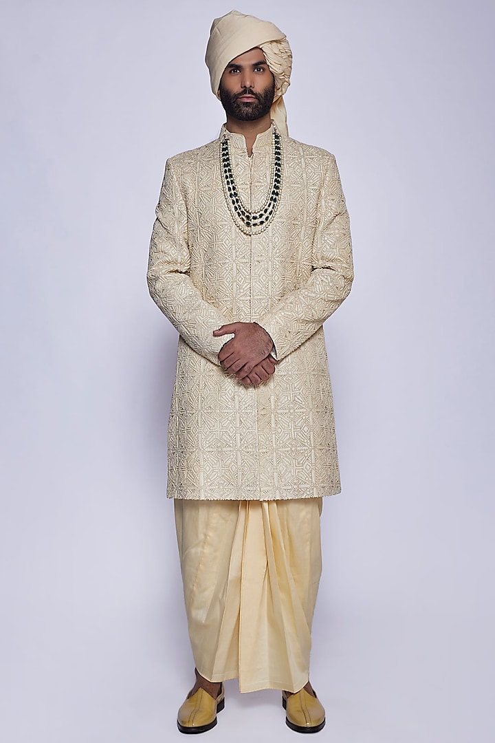 Champagne Silk French Knot Embroidered Groom Sherwani Set by Arjuun Kilachand at Pernia's Pop Up Shop