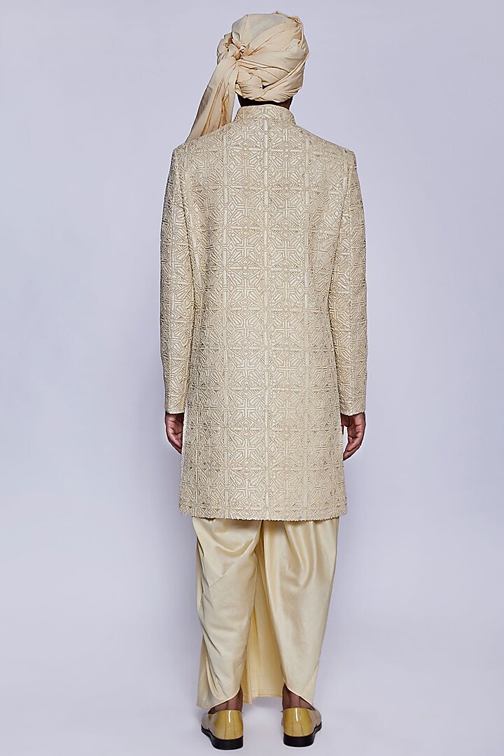 Champagne Silk French Knot Embroidered Groom Sherwani Set by Arjuun Kilachand at Pernia's Pop Up Shop