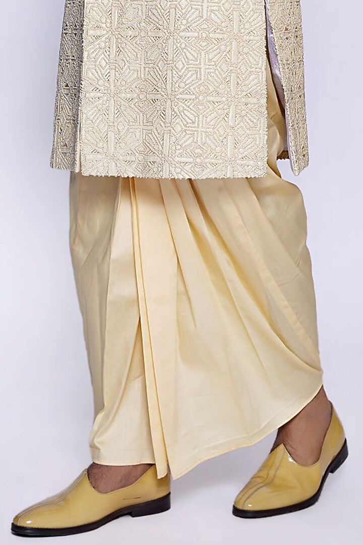 Champagne Silk French Knot Embroidered Groom Sherwani Set by Arjuun Kilachand at Pernia's Pop Up Shop