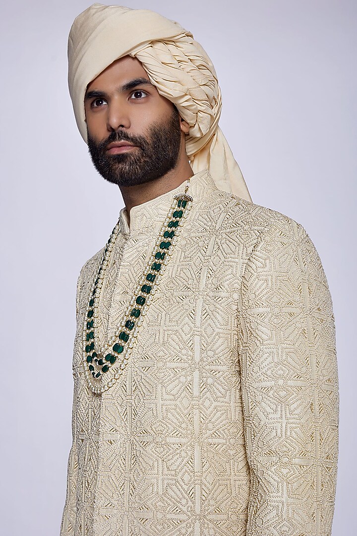 Champagne Silk French Knot Embroidered Groom Sherwani Set by Arjuun Kilachand at Pernia's Pop Up Shop