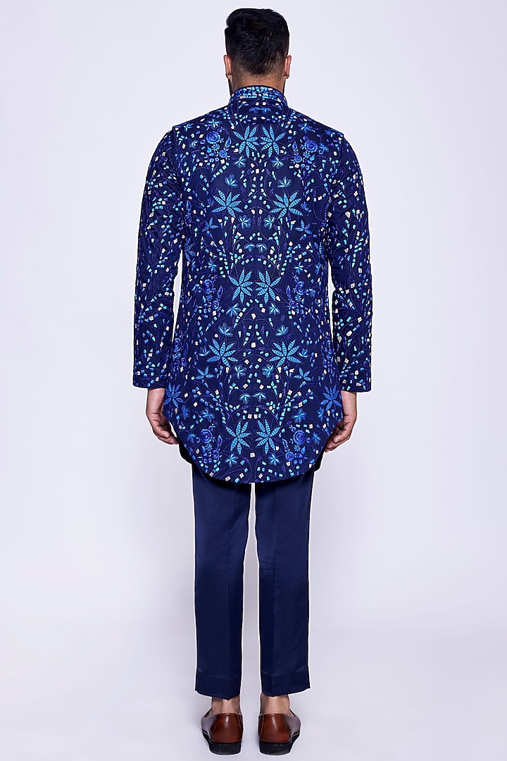 Navy Blue Silk Floral Embroidered Groom Indowestern Set by Arjuun Kilachand at Pernia's Pop Up Shop