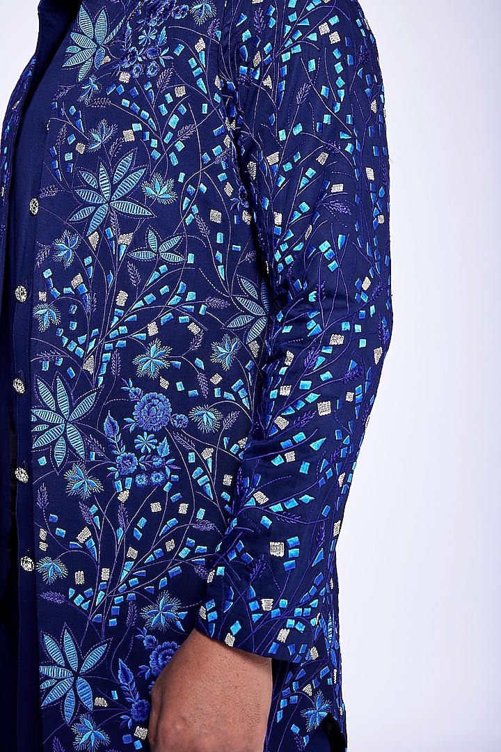 Navy Blue Silk Floral Embroidered Groom Indowestern Set by Arjuun Kilachand at Pernia's Pop Up Shop