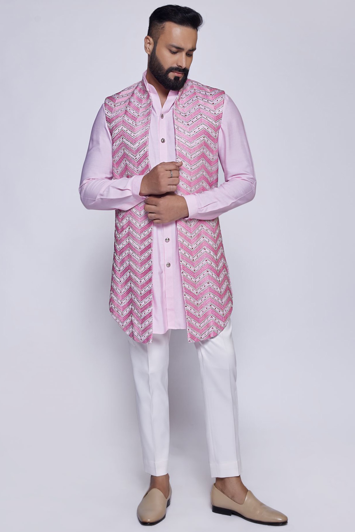 Arjuun Kilachand Dark Pink Silk Resham Embroidered Indowestern Set