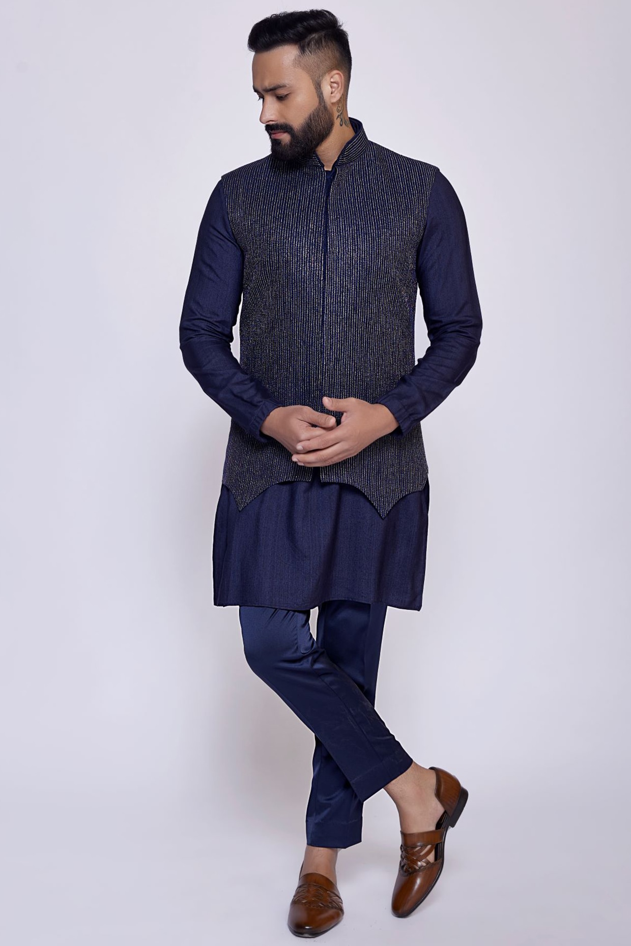 Arjuun Kilachand Navy Blue Silk Resham Embroidered Bundi Jacket Set