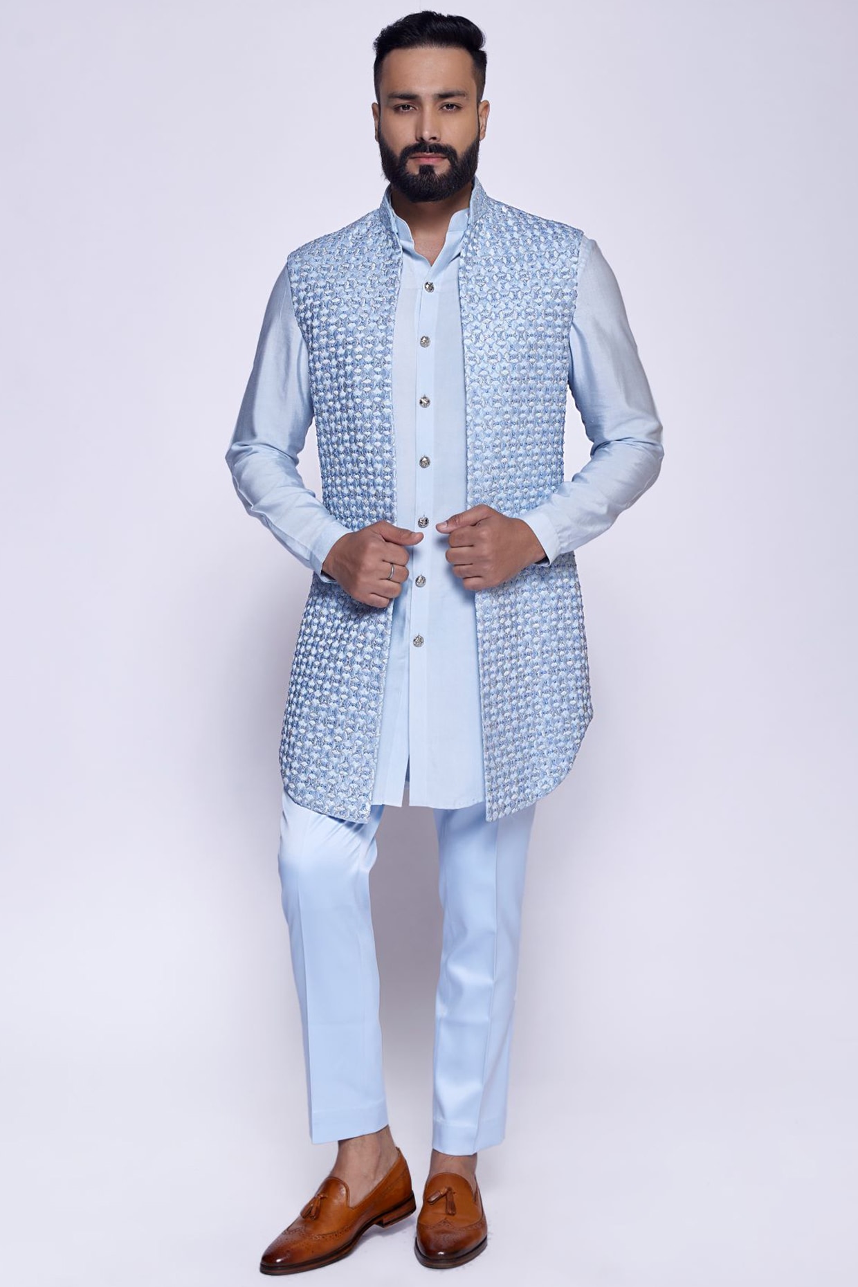 Arjuun Kilachand Frozen Blue Georgette French Knot Embroidered Indowestern Set