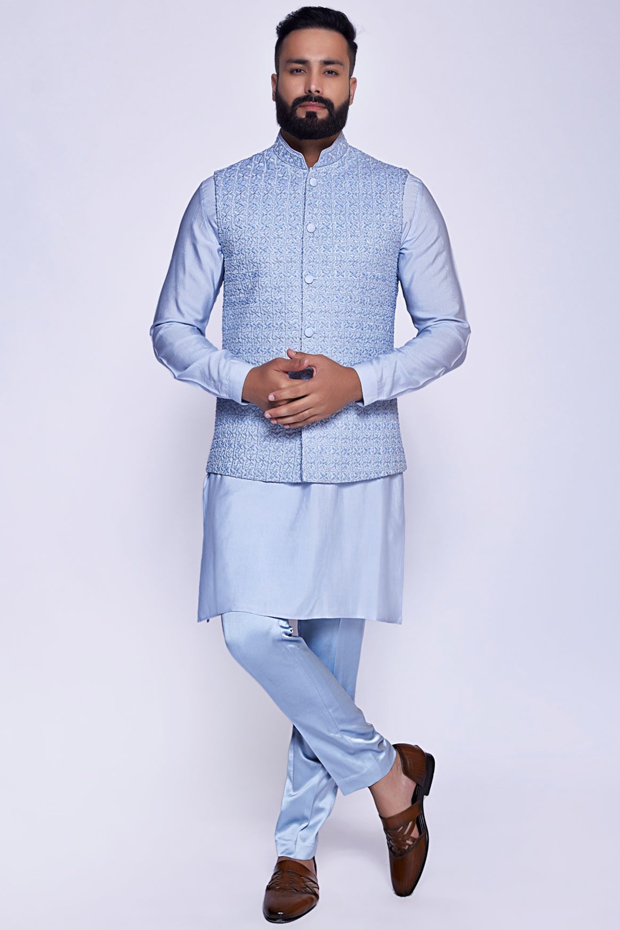 Arjuun Kilachand Frozen Blue Silk French Knot Embroidered Bundi Jacket Set