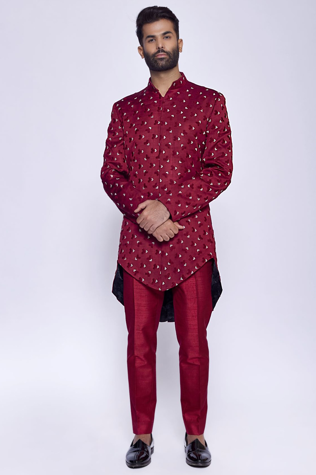Arjuun Kilachand Maroon Silk Embroidered Indowestern Set