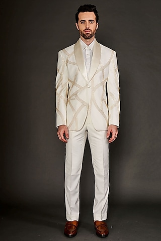 Ivory Wool Cutdana Embroidered Tuxedo Set by Arjuun Kilachand