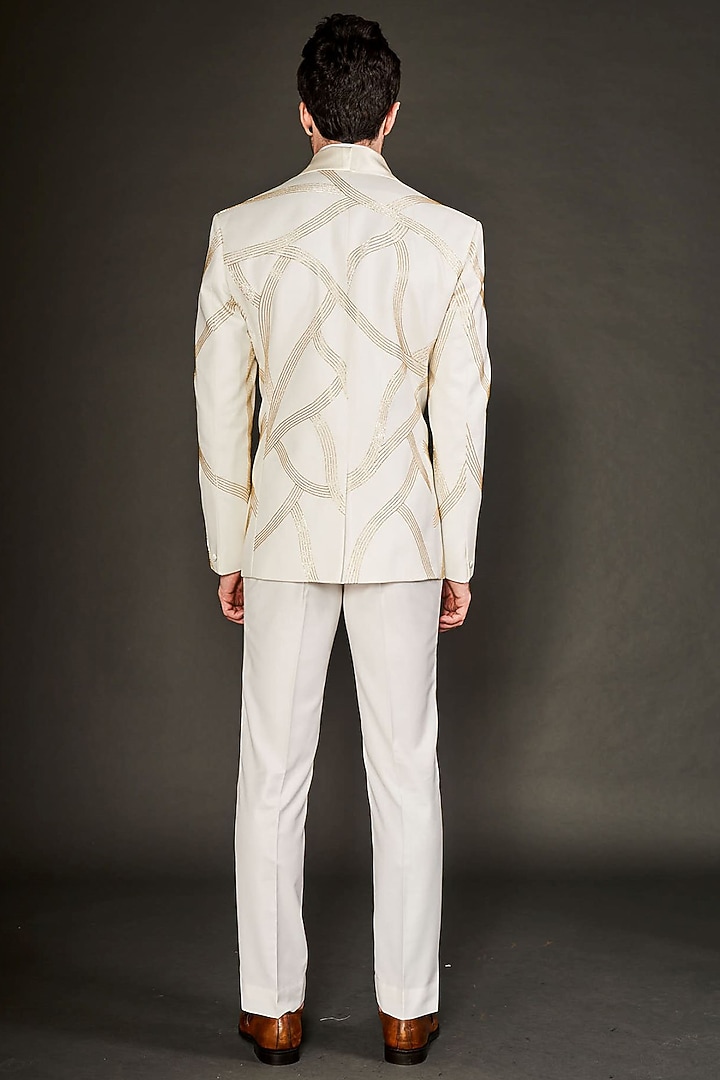 Ivory Wool Cutdana Embroidered Tuxedo Set by Arjuun Kilachand at Pernia's Pop Up Shop