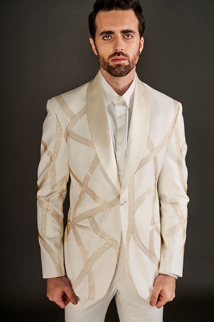 Ivory Wool Cutdana Embroidered Tuxedo Set by Arjuun Kilachand at Pernia's Pop Up Shop