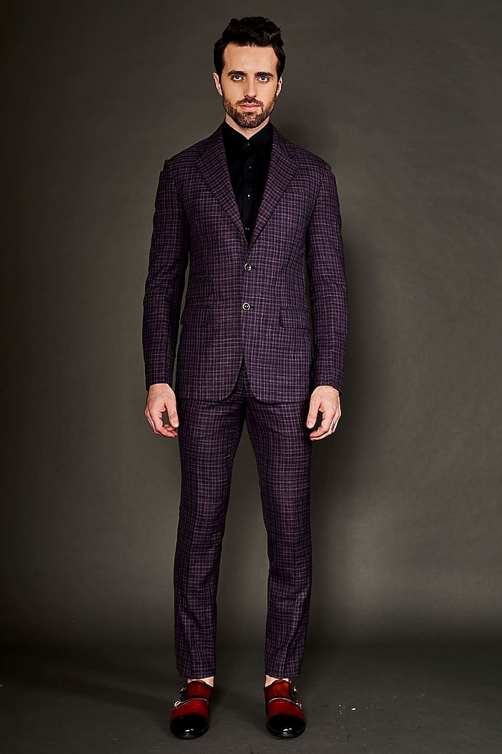 Maroon Wool Checkered Blazer Set by Arjuun Kilachand