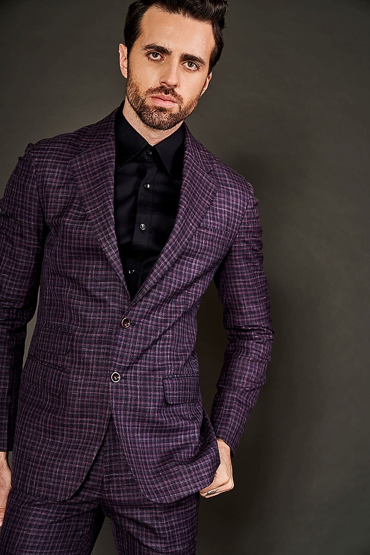 Maroon Wool Checkered Blazer Set by Arjuun Kilachand at Pernia's Pop Up Shop