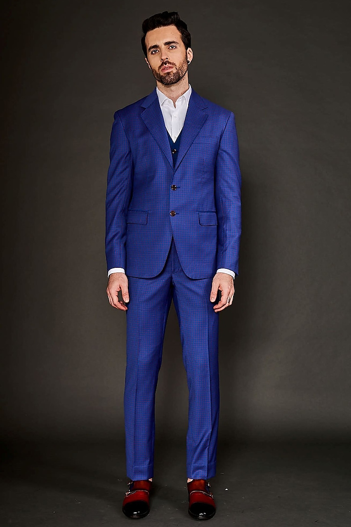 Blue Wool Checkered Blazer Set by Arjuun Kilachand at Pernia's Pop Up Shop