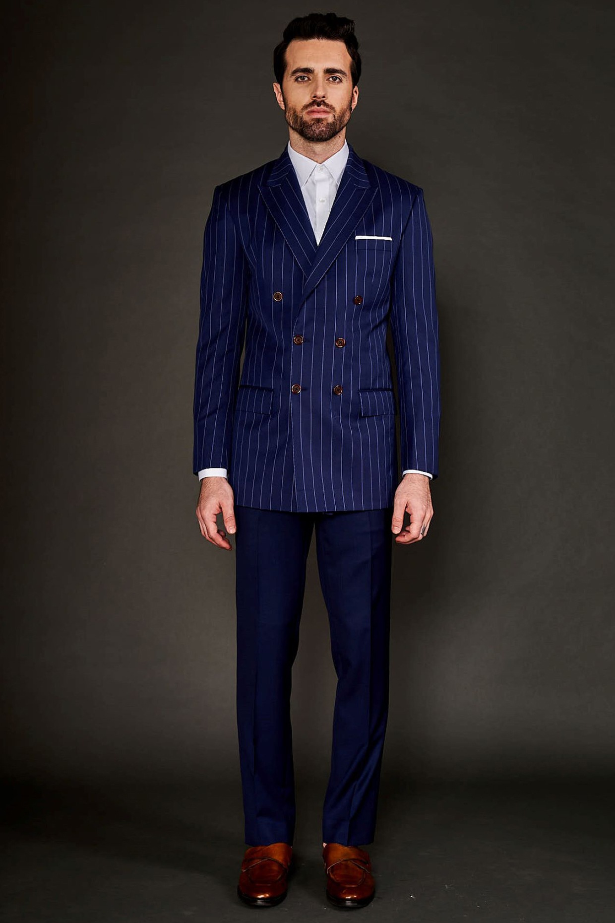 Navy Blue Wool Double-Breasted Blazer Set by Arjuun Kilachand at