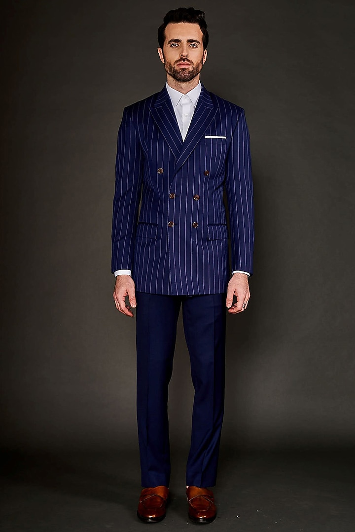 Navy Blue Wool Double-Breasted Blazer Set by Arjuun Kilachand at Pernia's Pop Up Shop