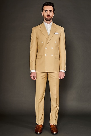 Beige Wool Double Breasted Blazer Set by Arjuun Kilachand