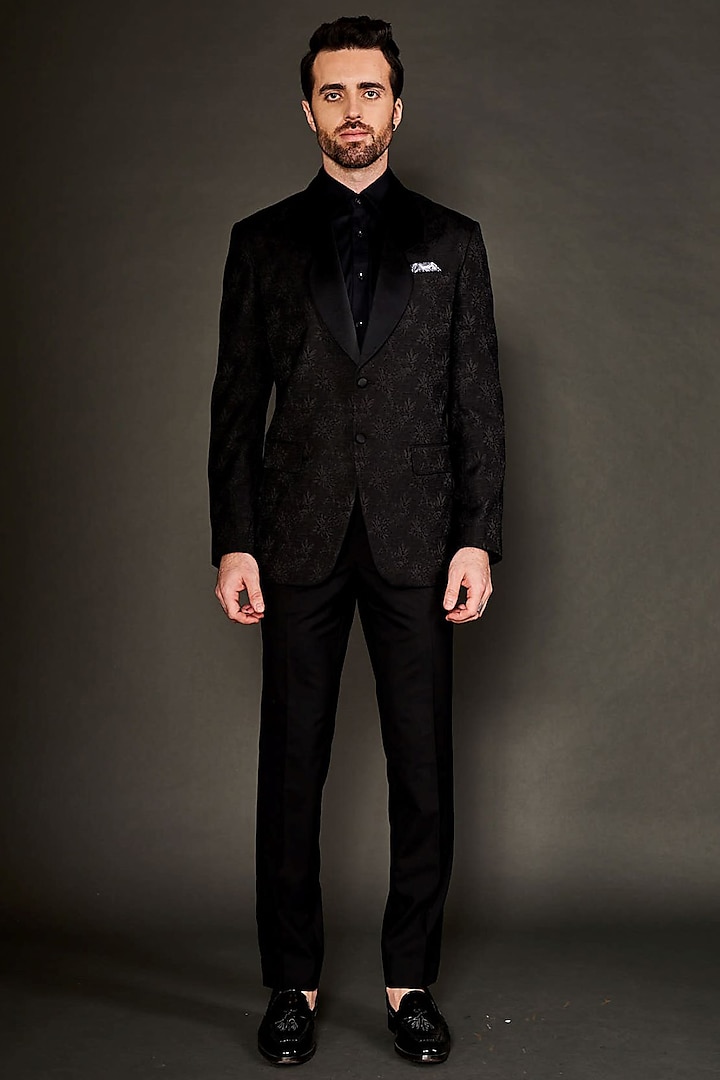 Black Wool Tuxedo Set by Arjuun Kilachand