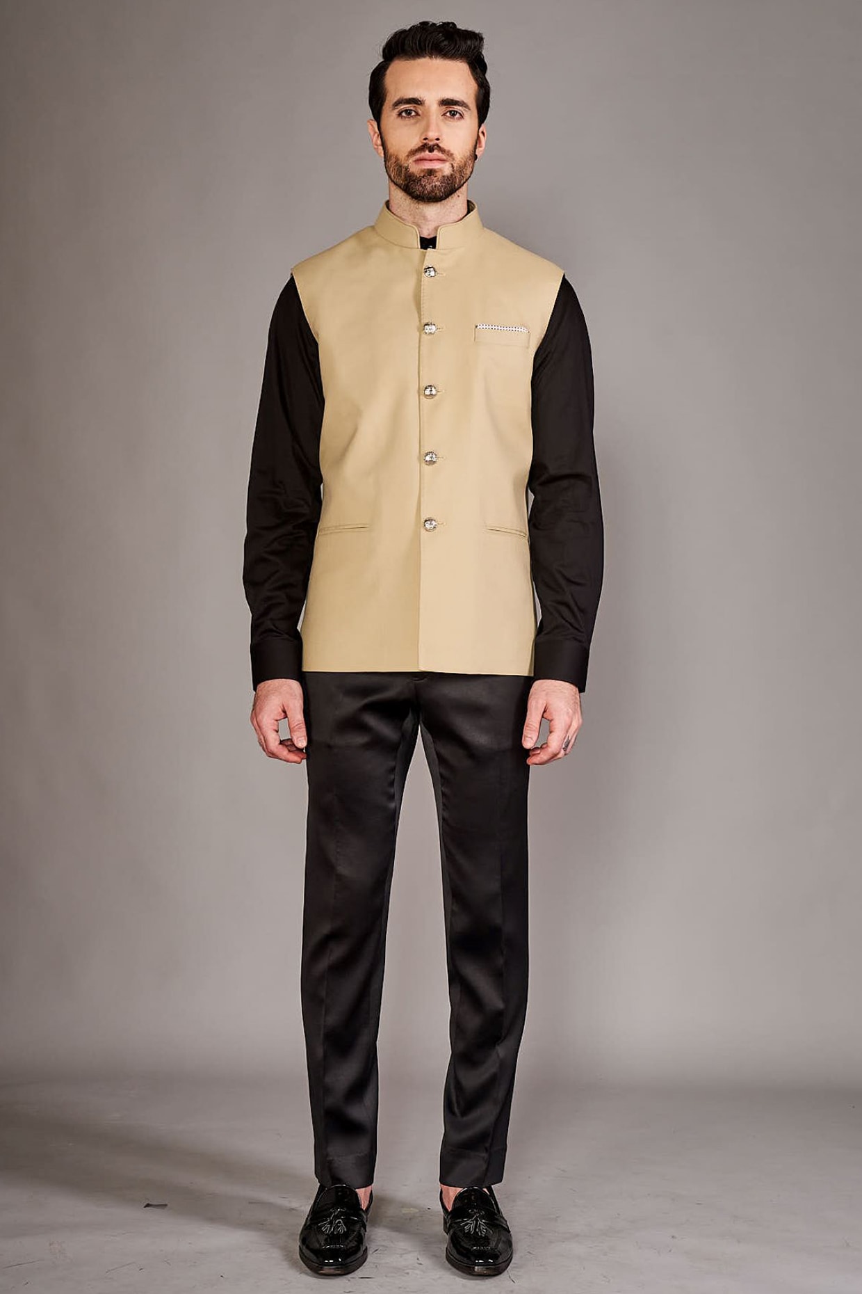 Arjuun Kilachand Beige Wool Bundi Jacket Set