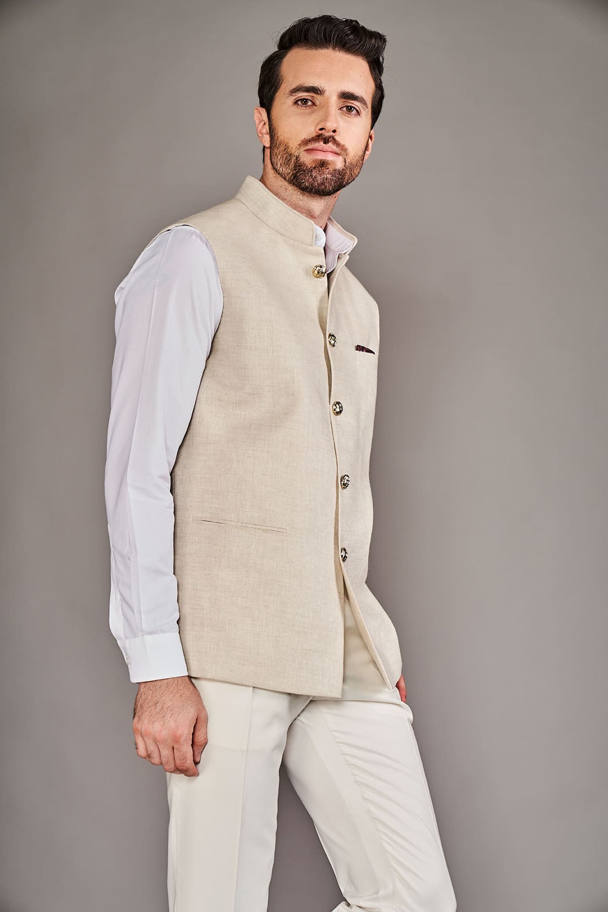 Arjuun Kilachand Light Beige Linen Bundi Jacket Set