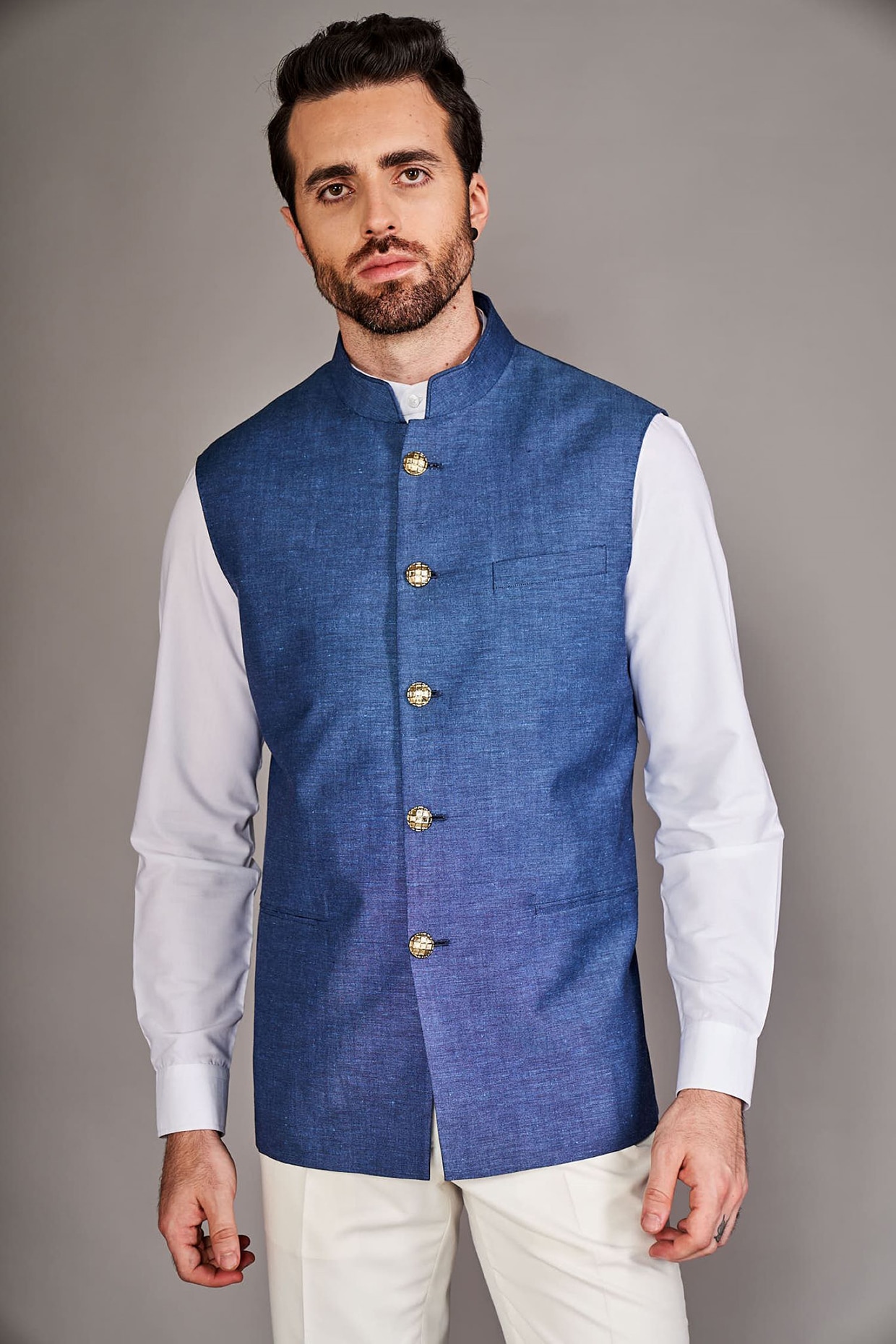 Arjuun Kilachand Teal Blue Linen Bundi Jacket Set
