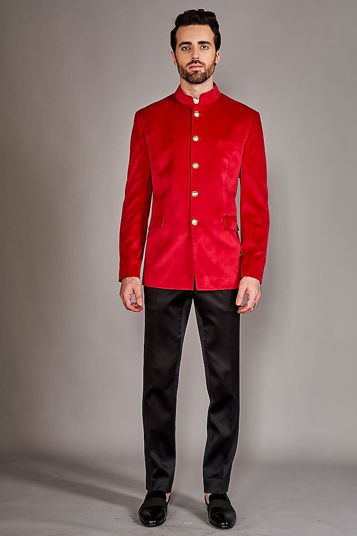 Red Velvet Bandhgala Jacket by Arjuun Kilachand