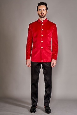 Red Velvet Bandhgala Jacket by Arjuun Kilachand