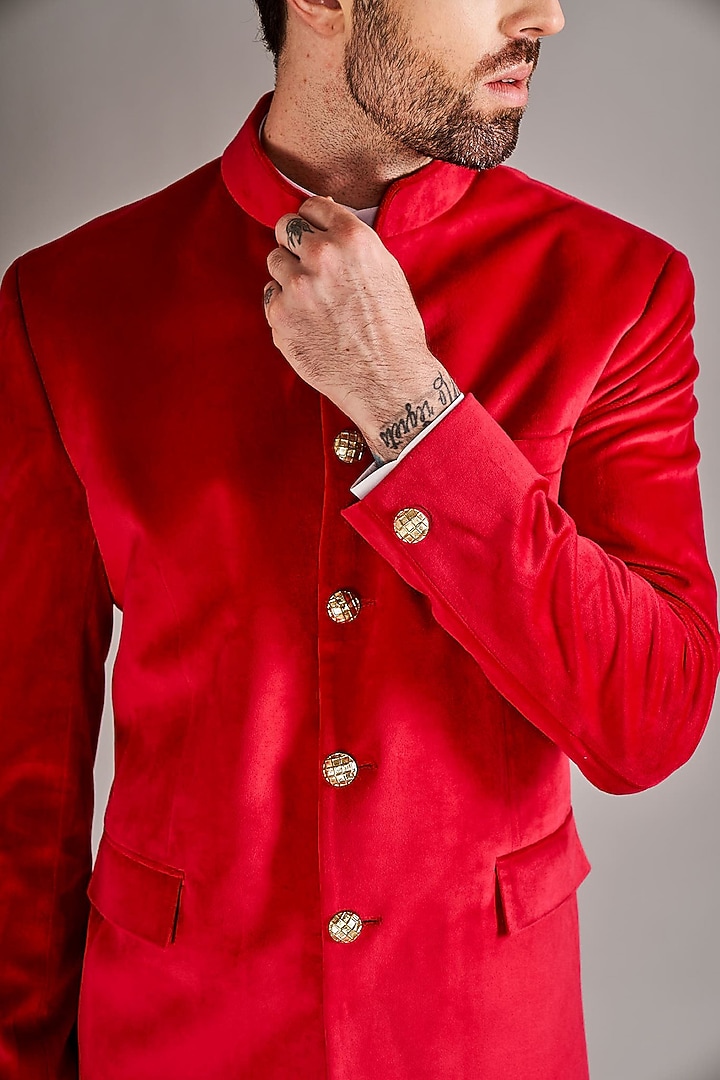 Red Velvet Wedding Bandhgala Jacket by Arjuun Kilachand at Pernia's Pop Up Shop