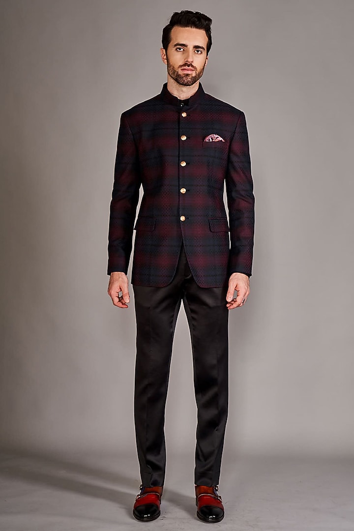 Maroon & Black Wool Wedding Bandhgala Set by Arjuun Kilachand at Pernia's Pop Up Shop