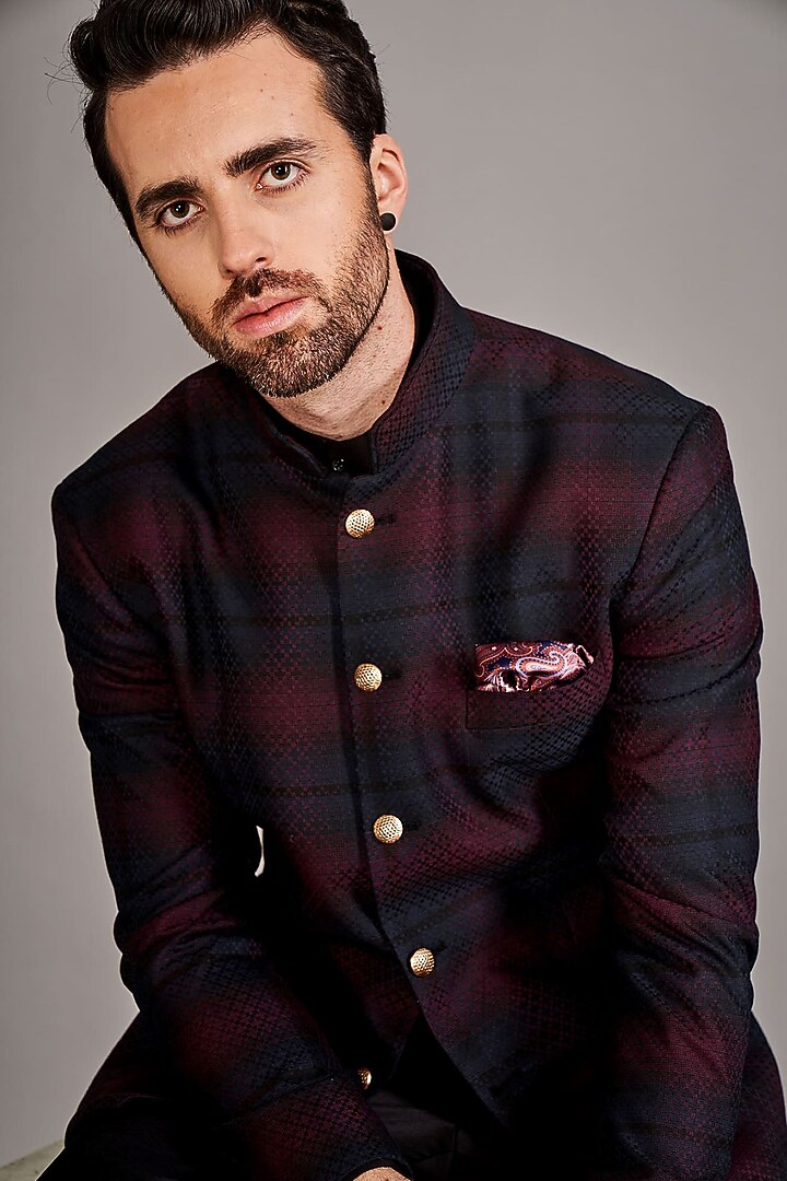 Maroon & Black Wool Wedding Bandhgala Set by Arjuun Kilachand at Pernia's Pop Up Shop