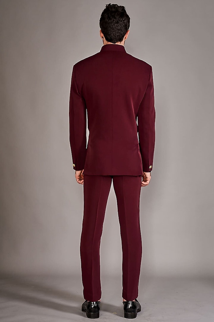 Maroon Crepe Wedding Bandhgala Set by Arjuun Kilachand at Pernia's Pop Up Shop