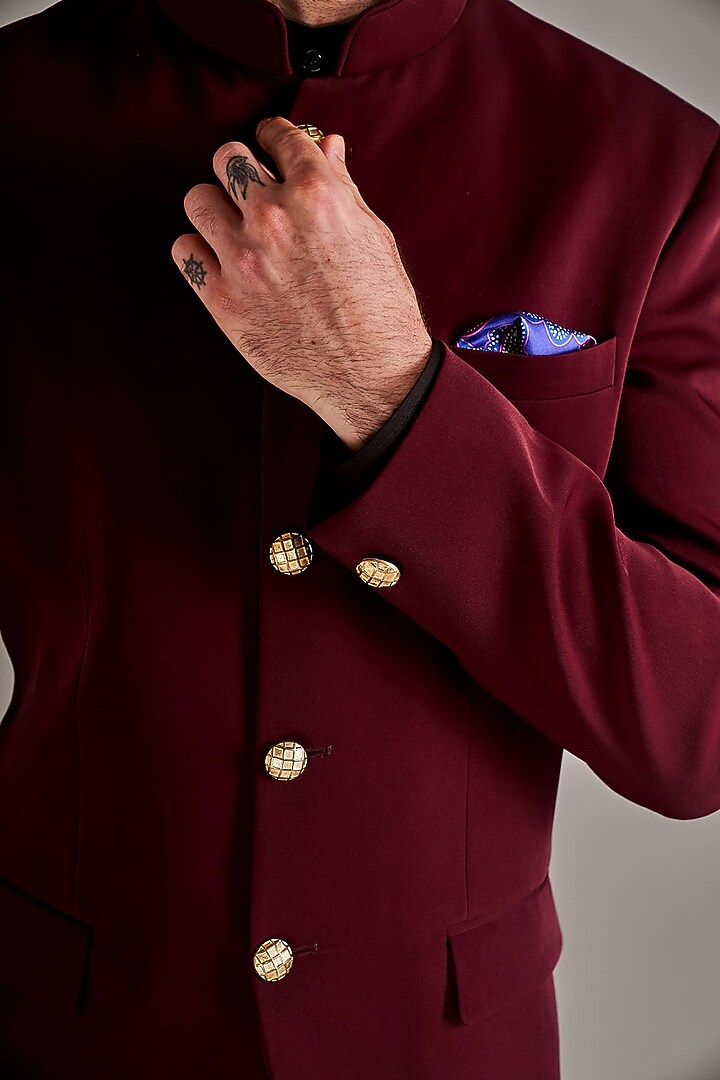 Maroon Crepe Wedding Bandhgala Set by Arjuun Kilachand at Pernia's Pop Up Shop