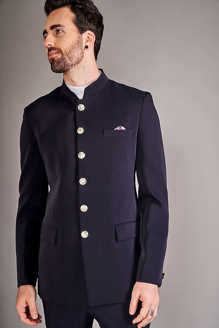 Navy Blue Crepe Wedding Bandhgala Set by Arjuun Kilachand at Pernia's Pop Up Shop