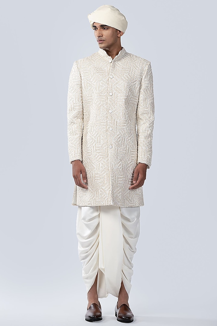 Ivory Silk French Knot Embroidered Groom Sherwani Set by Arjuun Kilachand at Pernia's Pop Up Shop