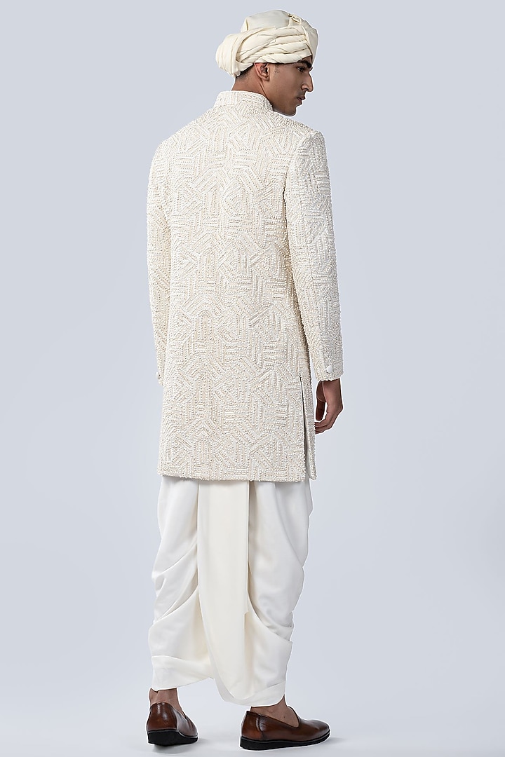 Ivory Silk French Knot Embroidered Groom Sherwani Set by Arjuun Kilachand at Pernia's Pop Up Shop