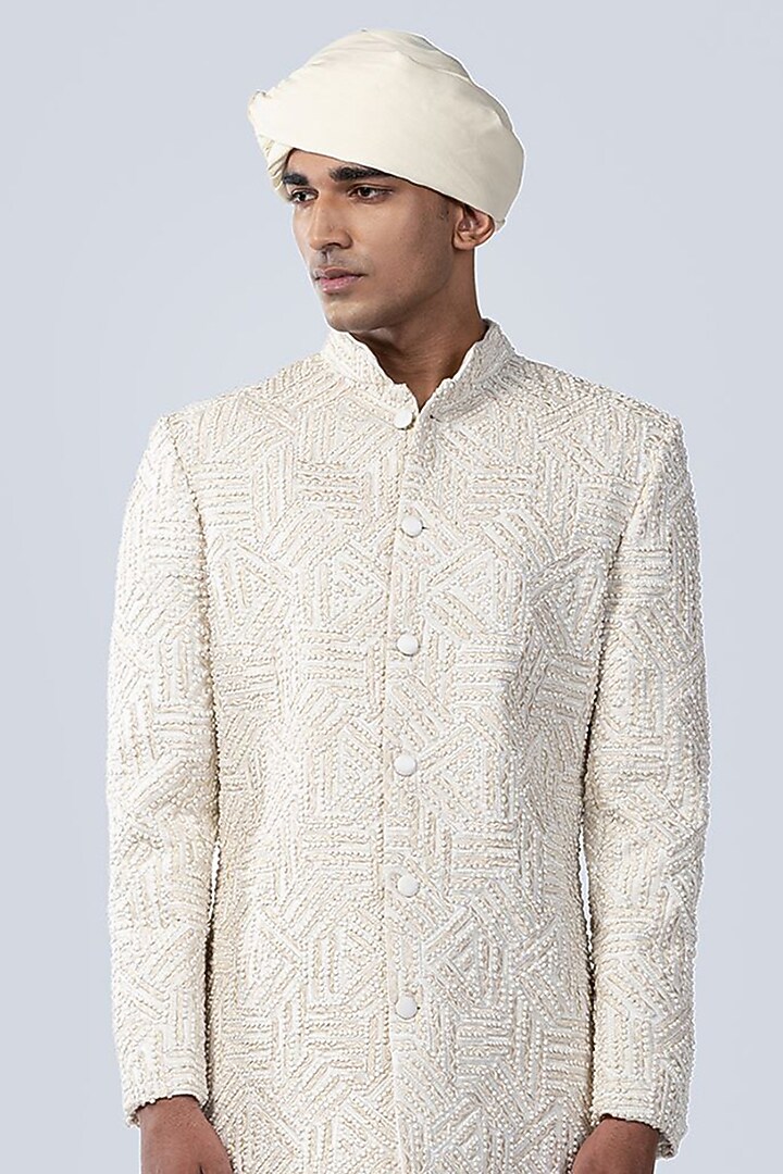 Ivory Silk French Knot Embroidered Groom Sherwani Set by Arjuun Kilachand at Pernia's Pop Up Shop