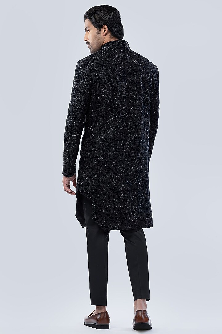 Black Silk Bead Embroidered Groom Sherwani Set by Arjuun Kilachand at Pernia's Pop Up Shop