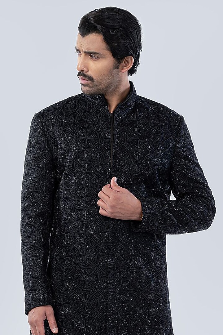 Black Silk Bead Embroidered Groom Sherwani Set by Arjuun Kilachand at Pernia's Pop Up Shop