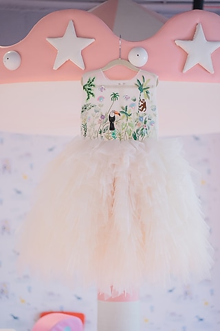 Off-White Soft Butterfly Net Hand Embroidered Dress For Girls by ARANI LABEL