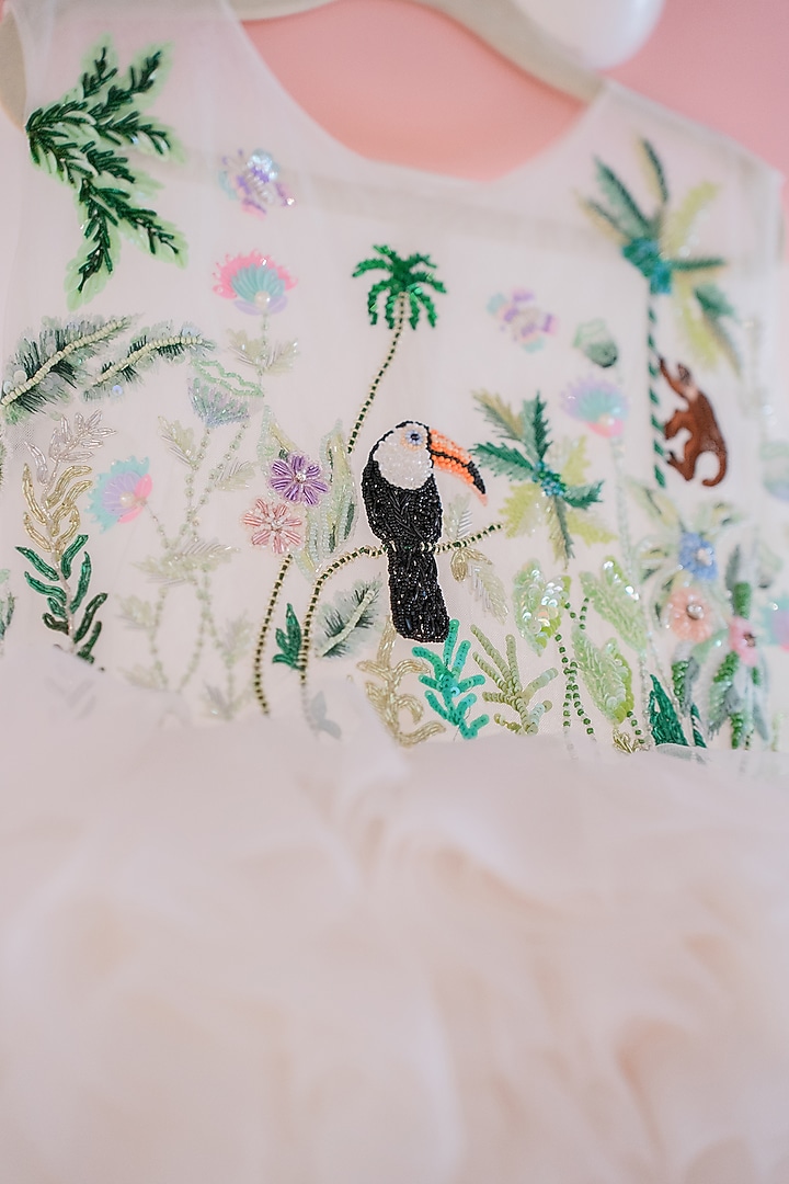 Off-White Soft Butterfly Net Hand Embroidered Dress For Girls by ARANI LABEL at Pernia's Pop Up Shop