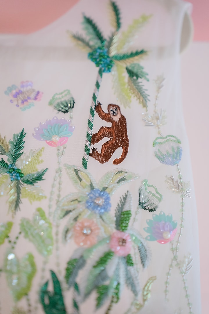 Off-White Soft Butterfly Net Hand Embroidered Dress For Girls by ARANI LABEL at Pernia's Pop Up Shop